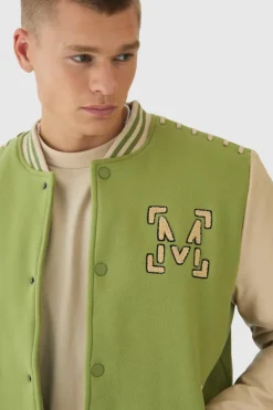 Fashion boohooMAN Man Pu Thread Detail Varsity Jacket In green