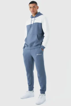 Clearance boohooMAN Man Roman Colour Block Hooded Tracksuit slate blue