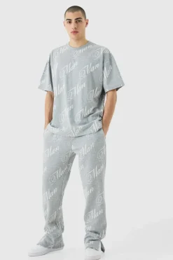 New boohooMAN Man Script All Over Print Split Hem T-shirt & Jogger grey marl