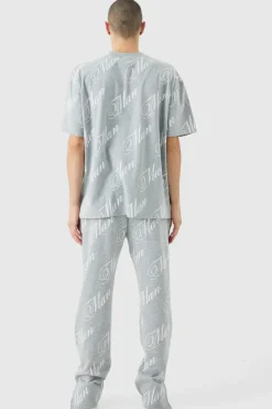 New boohooMAN Man Script All Over Print Split Hem T-shirt & Jogger grey marl