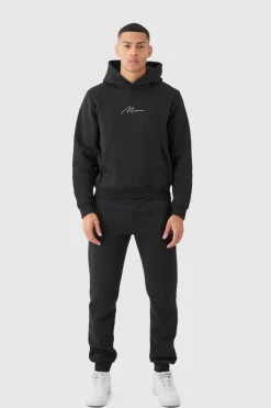 Fashion boohooMAN Man Signature Boxy Hooded Tracksuit black