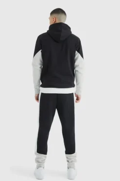 Clearance boohooMAN Man Slim Funnel Hooded Colour Block Tracksuit black