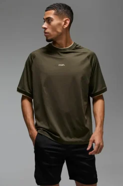 Shop boohooMAN Man Sport Oversized Performance T-shirt khaki