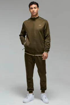 Cheap boohooMAN Man Sport Track Top and Cuffed Jogger Tracksuit khaki