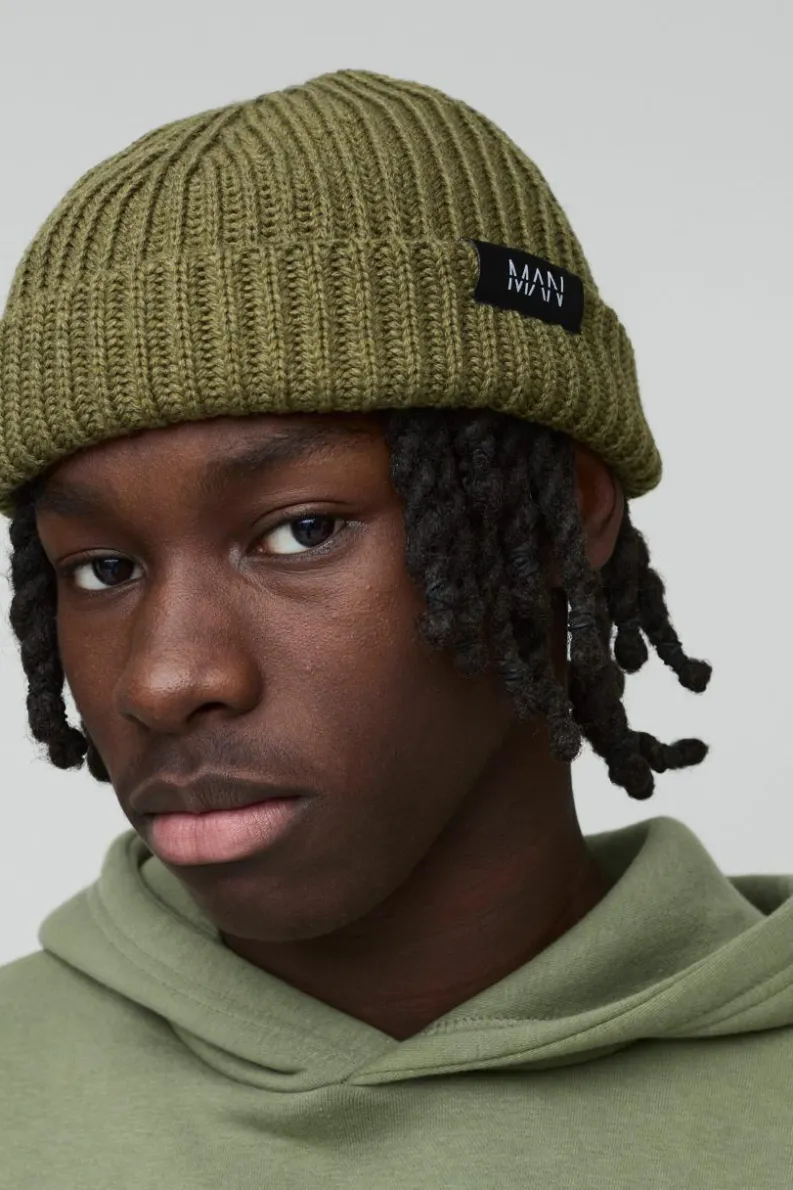 Best boohooMAN Man Tab Beanie olive