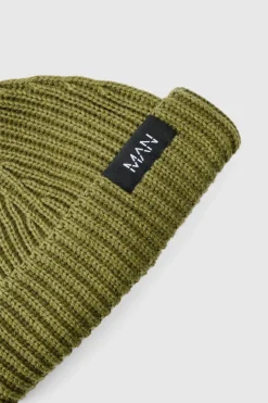 Best boohooMAN Man Tab Beanie olive