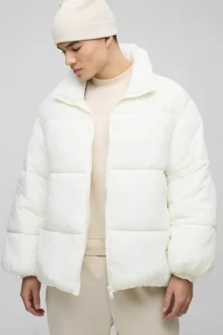 Clearance boohooMAN Man Tab Boxy Heavy Padded Puffer Jacket In ecru