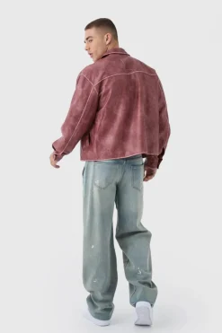 Hot boohooMAN Man Tab Boxy Washed Pu Harrington Jacket In rust