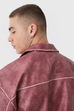 Hot boohooMAN Man Tab Boxy Washed Pu Harrington Jacket In rust