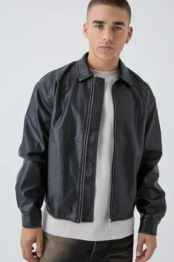 New boohooMAN Man Tab Boxy Washed Pu Harrington Jacket In black