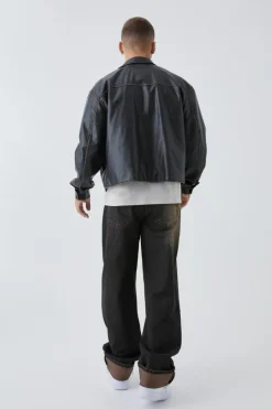 New boohooMAN Man Tab Boxy Washed Pu Harrington Jacket In black