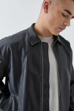New boohooMAN Man Tab Boxy Washed Pu Harrington Jacket In black