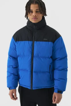 Hot boohooMAN Man Tab Colour Block Concealed Hood Puffer Coat In blue