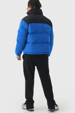 Hot boohooMAN Man Tab Colour Block Concealed Hood Puffer Coat In blue
