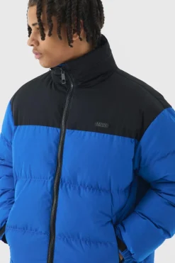 Hot boohooMAN Man Tab Colour Block Concealed Hood Puffer Coat In blue
