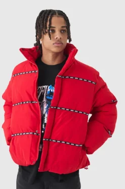 Cheap boohooMAN Man Tape Funnel Neck Puffer Coat In red
