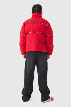 Cheap boohooMAN Man Tape Funnel Neck Puffer Coat In red