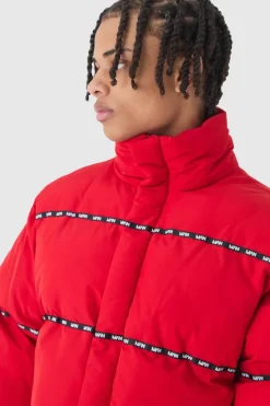 Cheap boohooMAN Man Tape Funnel Neck Puffer Coat In red