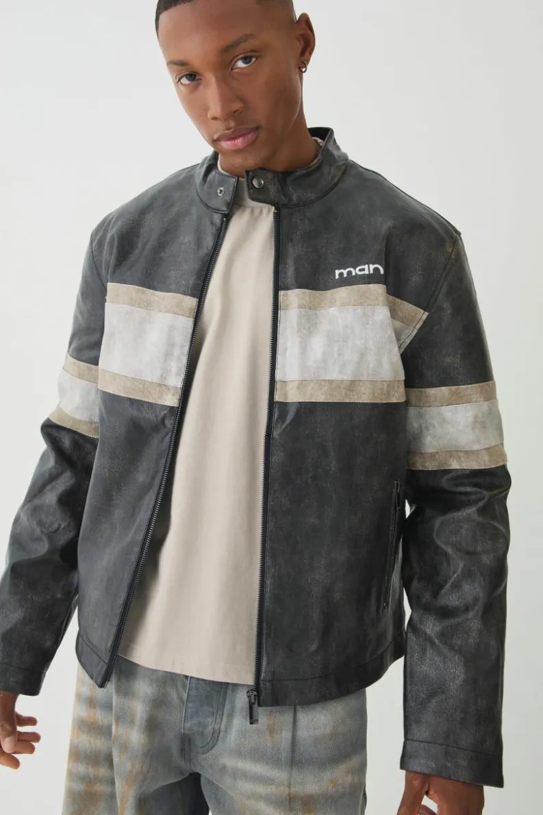New boohooMAN Man Washed Pu Moto Biker Jacket In grey
