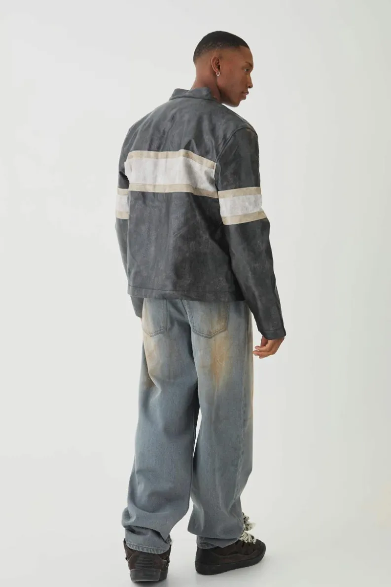 New boohooMAN Man Washed Pu Moto Biker Jacket In grey