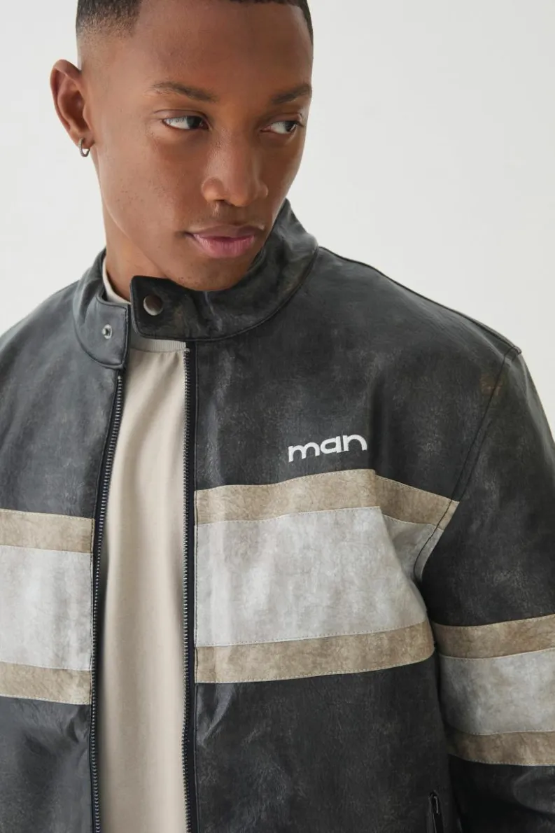 New boohooMAN Man Washed Pu Moto Biker Jacket In grey