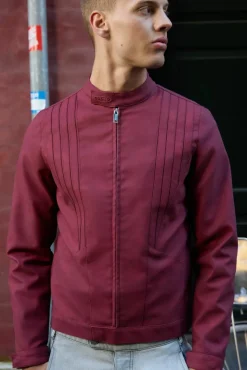 Store boohooMAN Man Washed PU Tonal Biker Jacket In burgundy