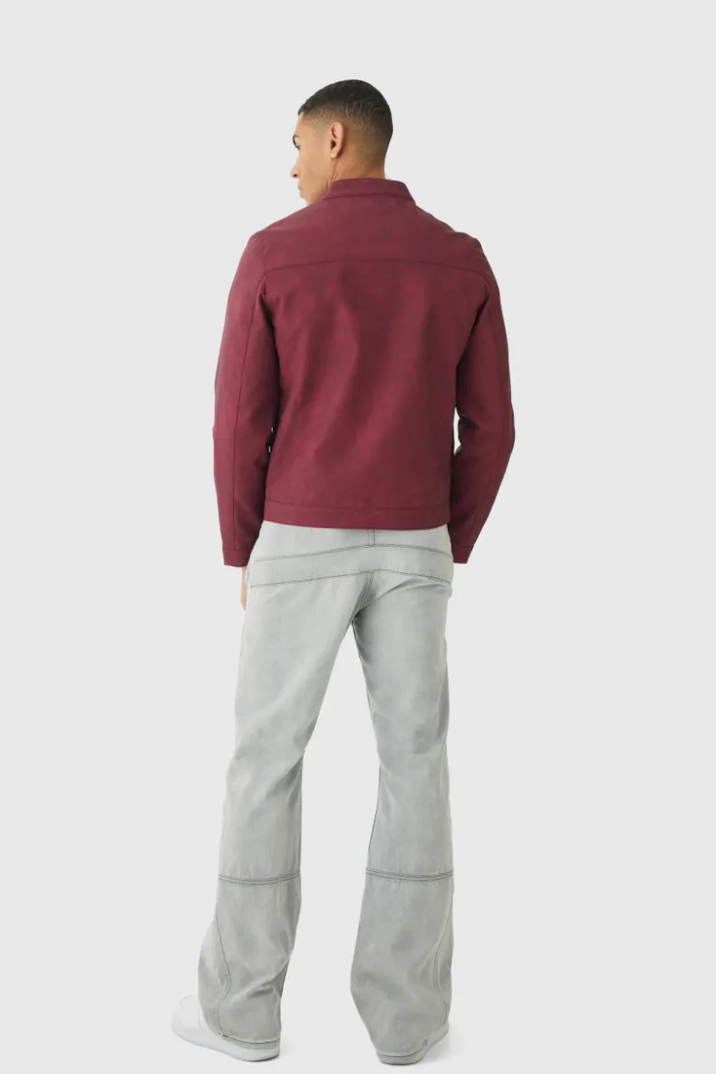 Store boohooMAN Man Washed PU Tonal Biker Jacket In burgundy