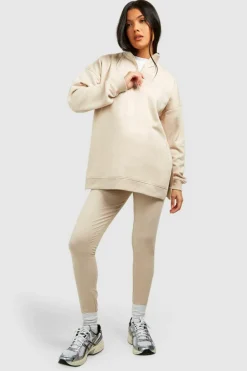 Shop boohoo Maternity Half Zip Oversized Sweatshirt And Legging Set stone