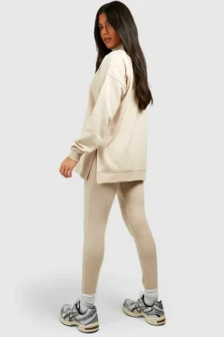 Shop boohoo Maternity Half Zip Oversized Sweatshirt And Legging Set stone