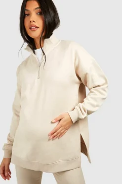 Shop boohoo Maternity Half Zip Oversized Sweatshirt And Legging Set stone