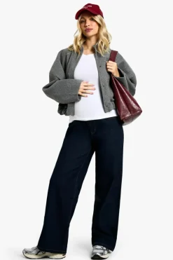 Shop boohoo Maternity Over The Bump Wide Leg Jeans indigo