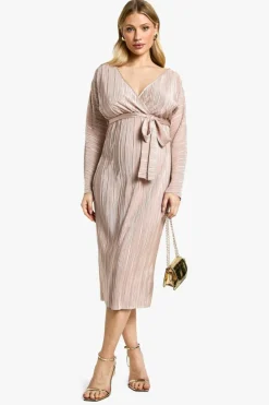 Outlet boohoo Maternity Plisse Belted Midi Dress champagne
