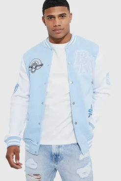 Outlet boohooMAN Members Club Applique Varsity Jacket light blue