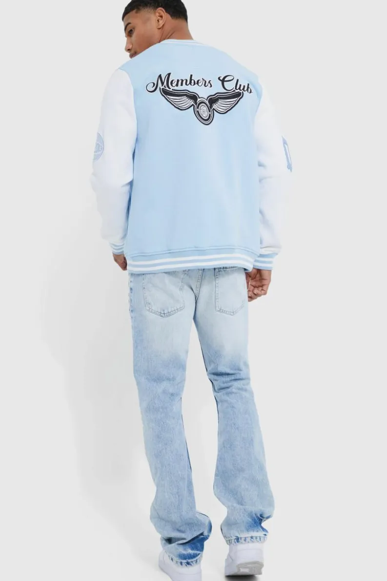 Outlet boohooMAN Members Club Applique Varsity Jacket light blue