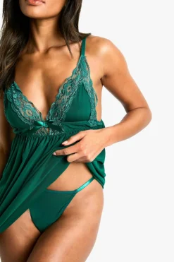 Discount boohoo Mesh and Lace Babydoll and String Set emerald