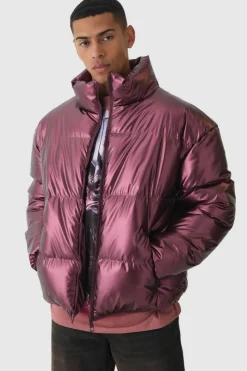 Shop boohooMAN Metallic Funnel Neck Puffer In wine
