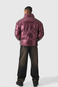 Shop boohooMAN Metallic Funnel Neck Puffer In wine