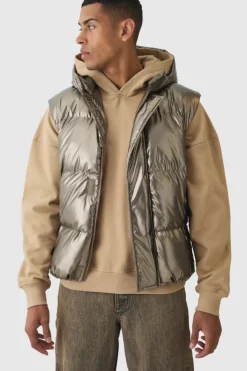 Clearance boohooMAN Metallic Hooded Puffer Gilet In bronze
