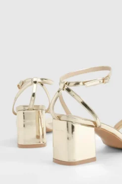Outlet boohoo Metallic Low Block Asymmetric Barely There Heels gold