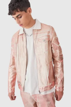 Store boohooMAN Metallic Print Regular Fit Denim Jacket pink