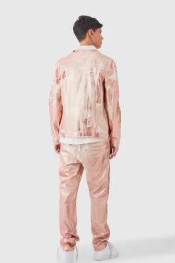 Store boohooMAN Metallic Print Regular Fit Denim Jacket pink