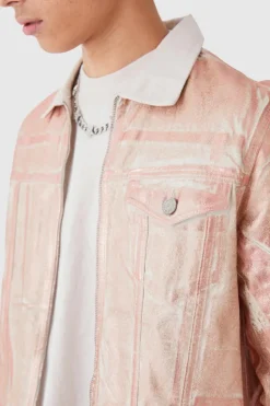 Store boohooMAN Metallic Print Regular Fit Denim Jacket pink