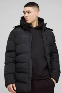 New boohooMAN Mid Length Hooded Puffer In black