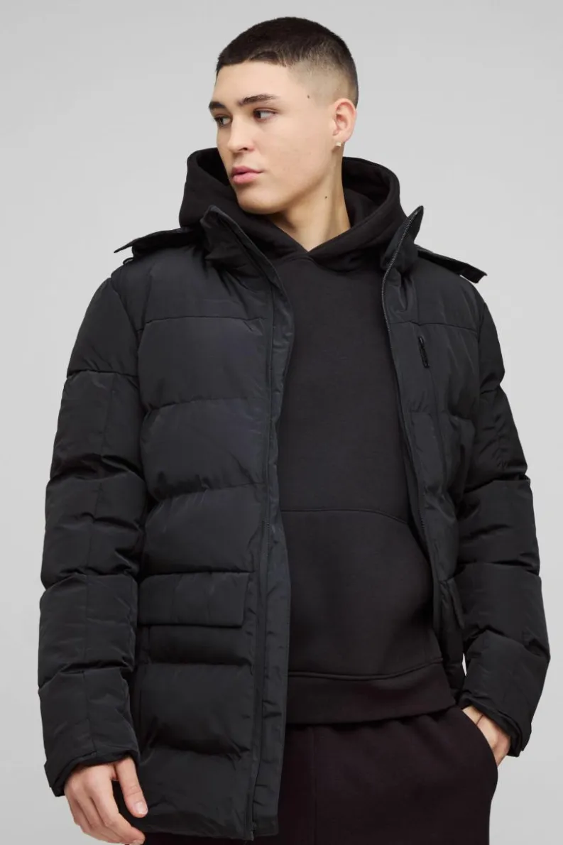 New boohooMAN Mid Length Hooded Puffer In black