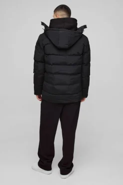 New boohooMAN Mid Length Hooded Puffer In black