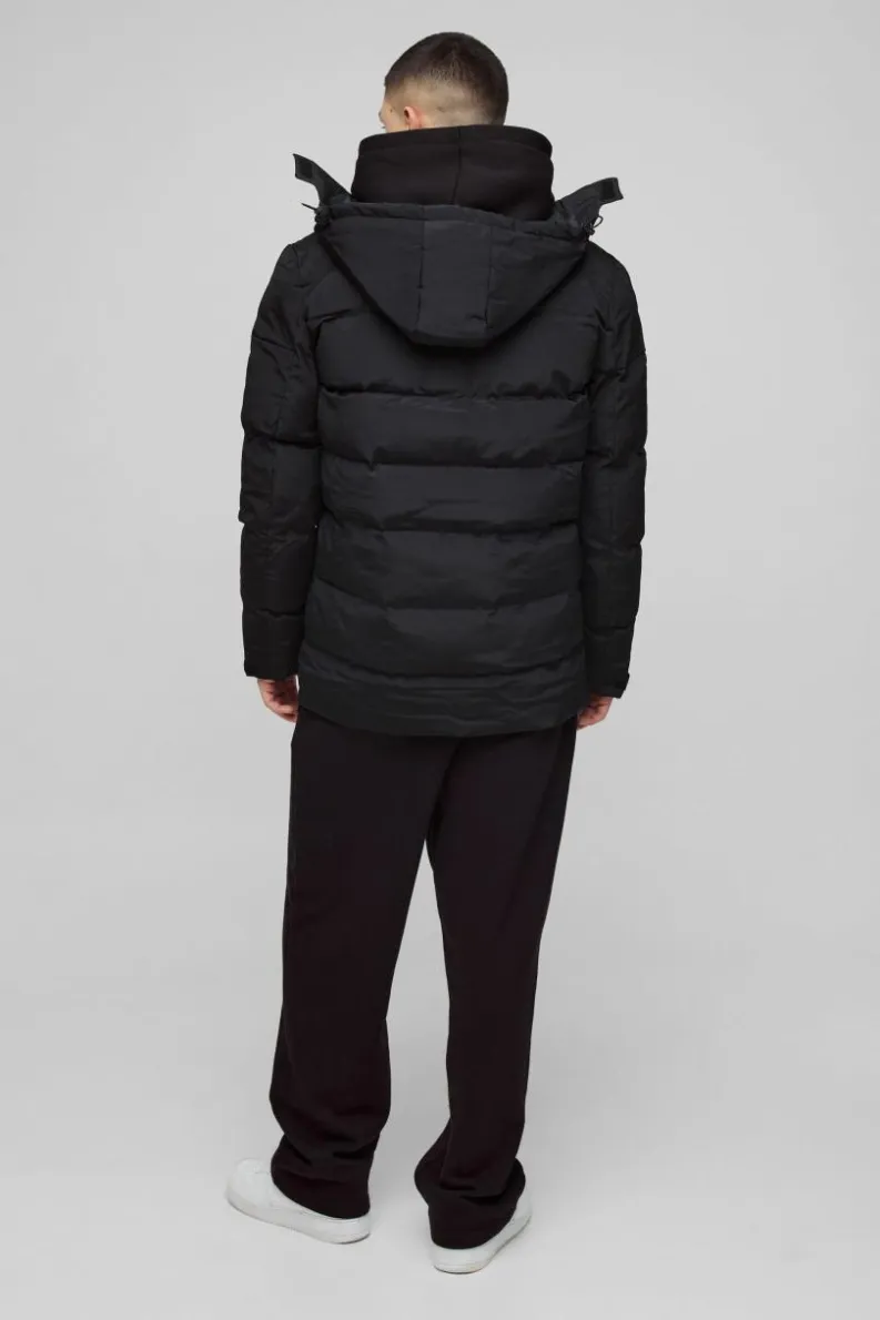 New boohooMAN Mid Length Hooded Puffer In black