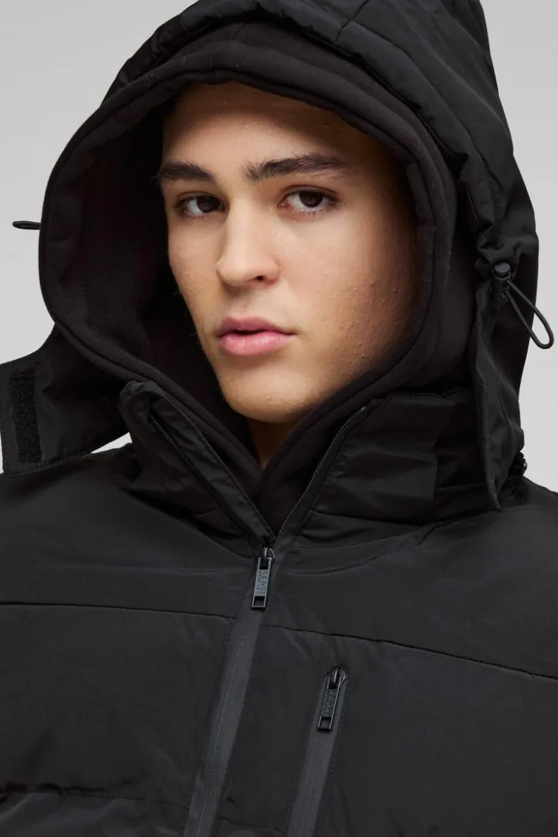New boohooMAN Mid Length Hooded Puffer In black