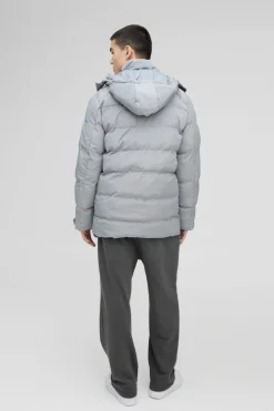 Shop boohooMAN Mid Length Hooded Puffer In grey