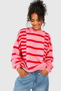Fashion boohoo Mixed Stripe Oversized Jumper pink