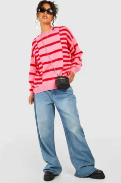 Fashion boohoo Mixed Stripe Oversized Jumper pink